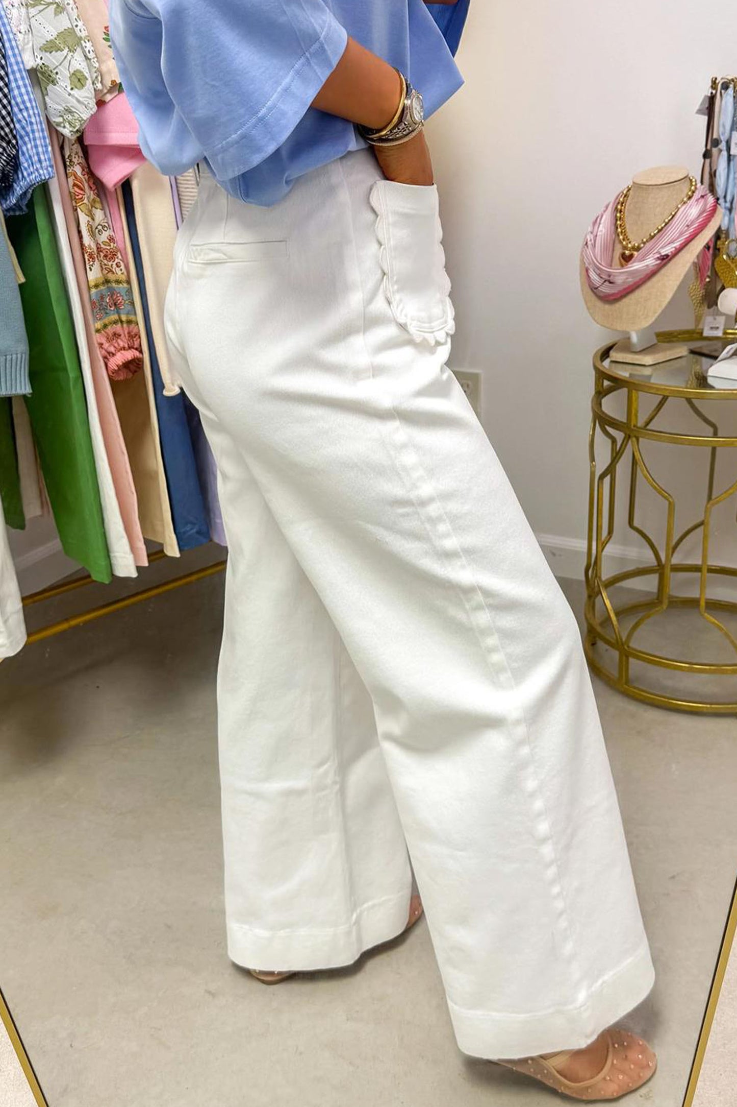 Yellow Solid Color Scalloped Patch Pocket Shift Jeans